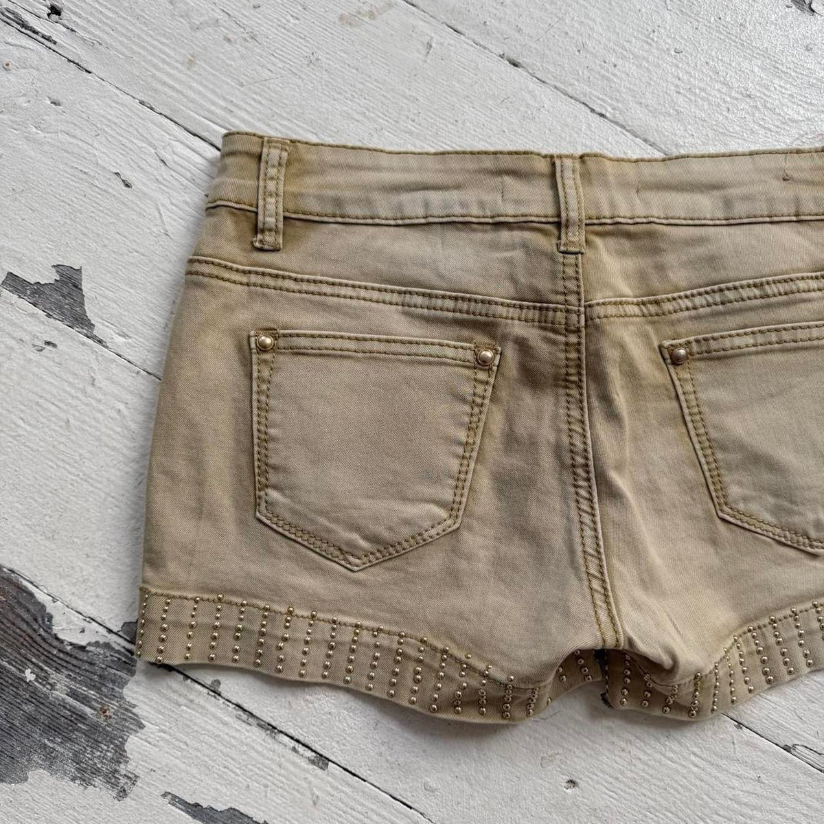 Khaki Studded Denim Shorts