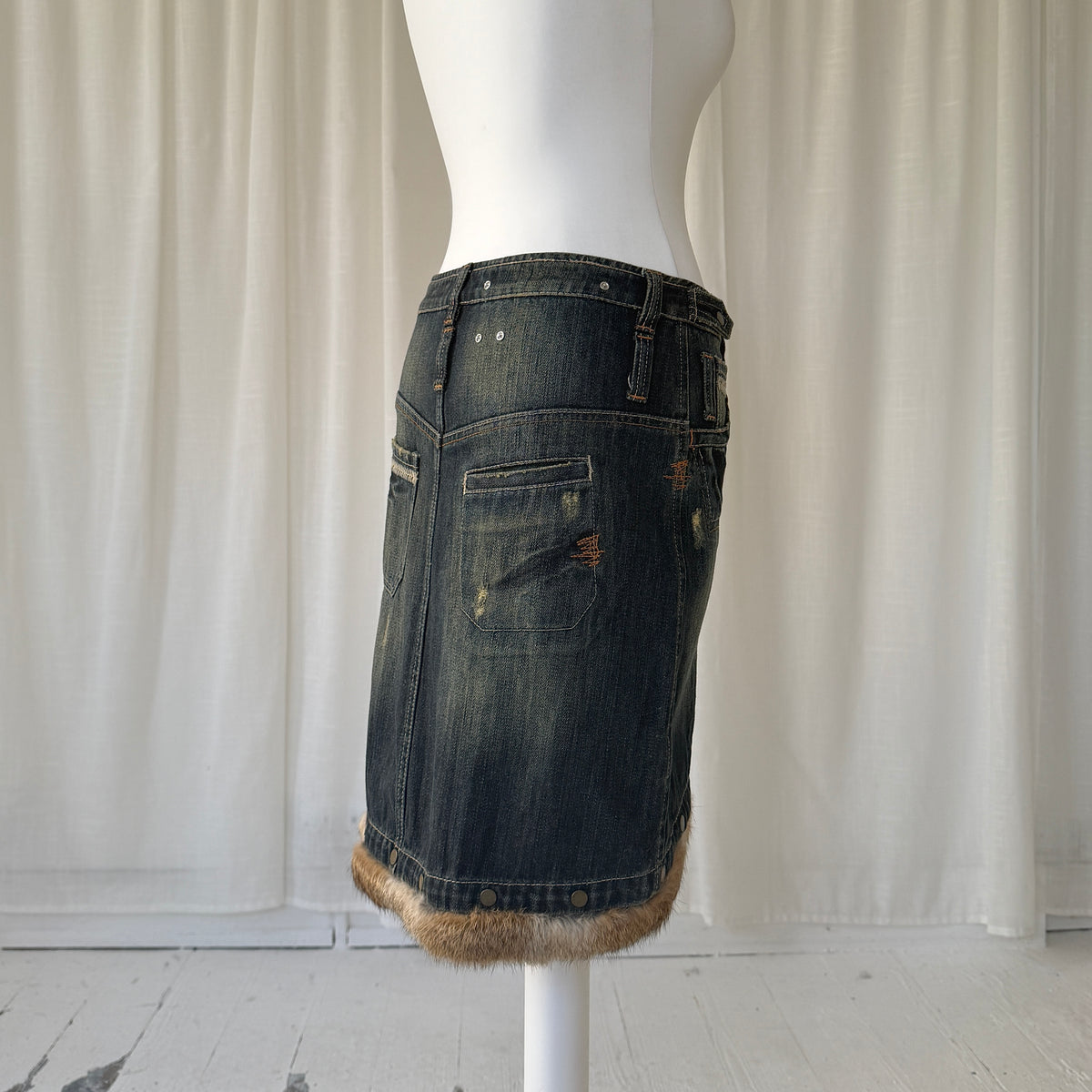 Italian Vintage Denim Fur Trim Midi Skirt