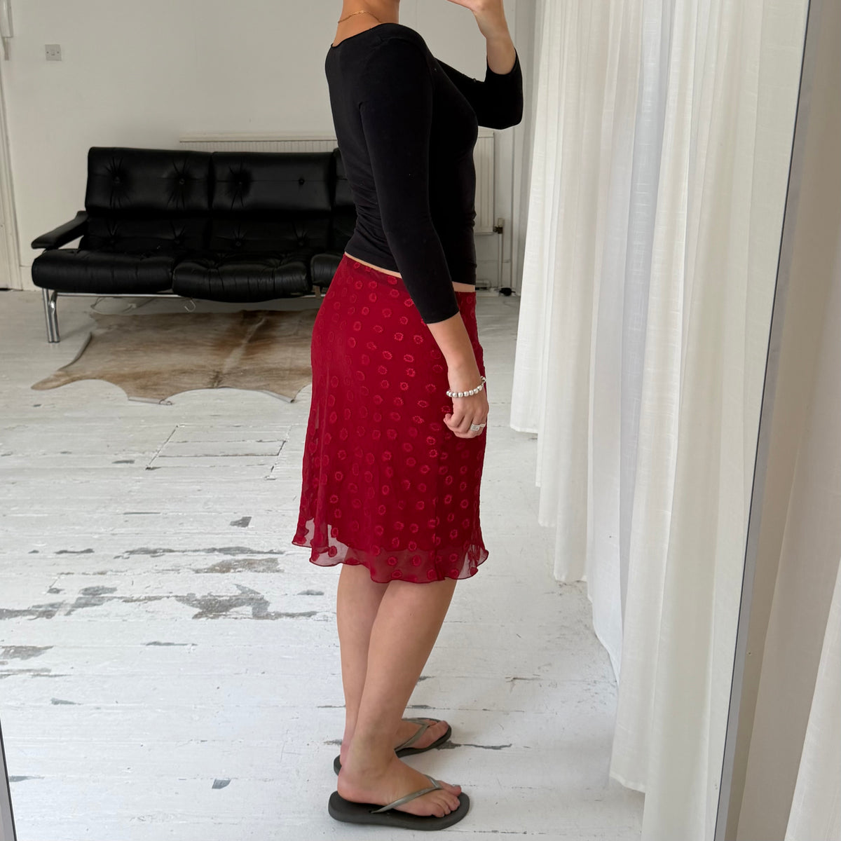 1990s Red Polka Dot Mesh Midi Skirt