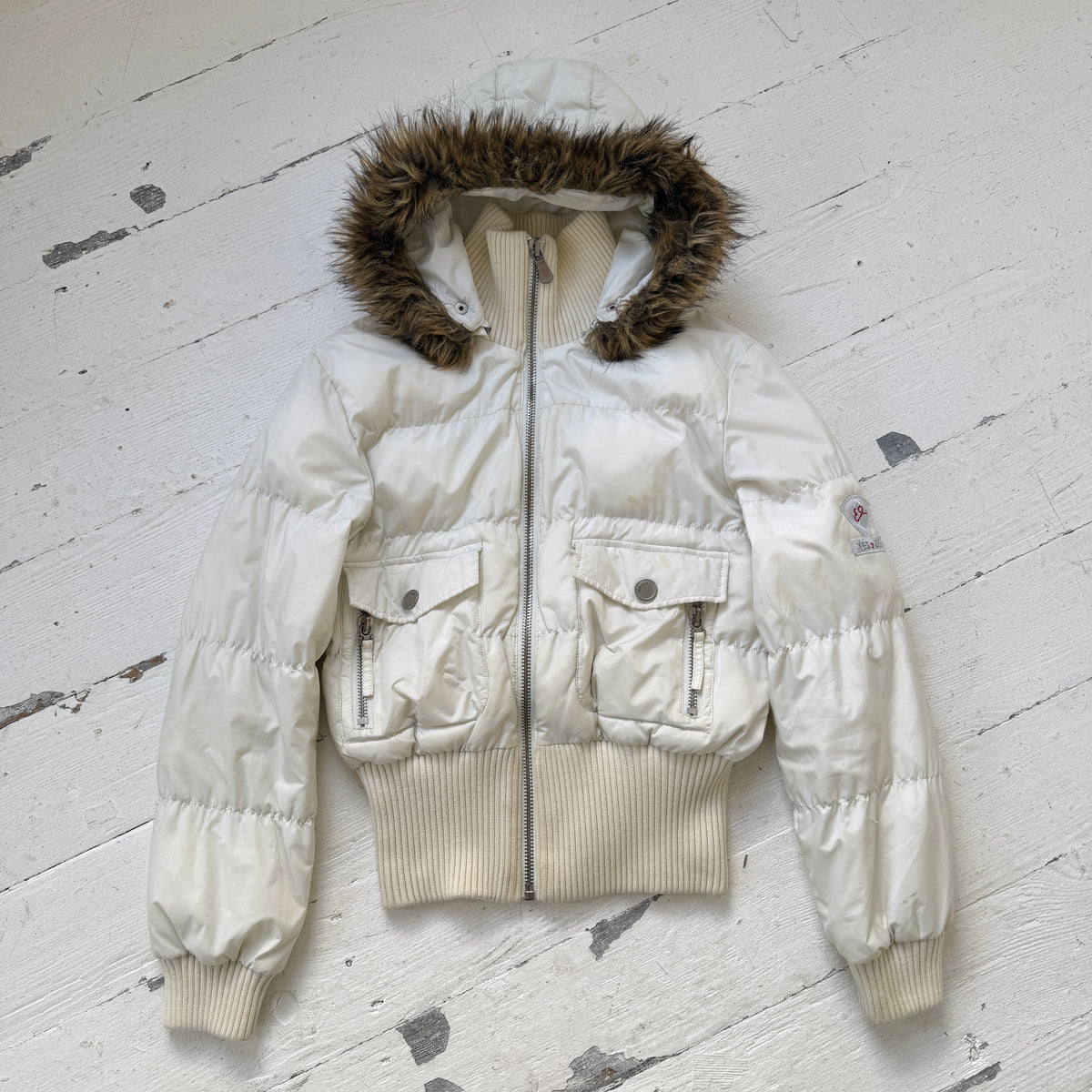 2000s Cream Cropped Puffer Bomber Jacket