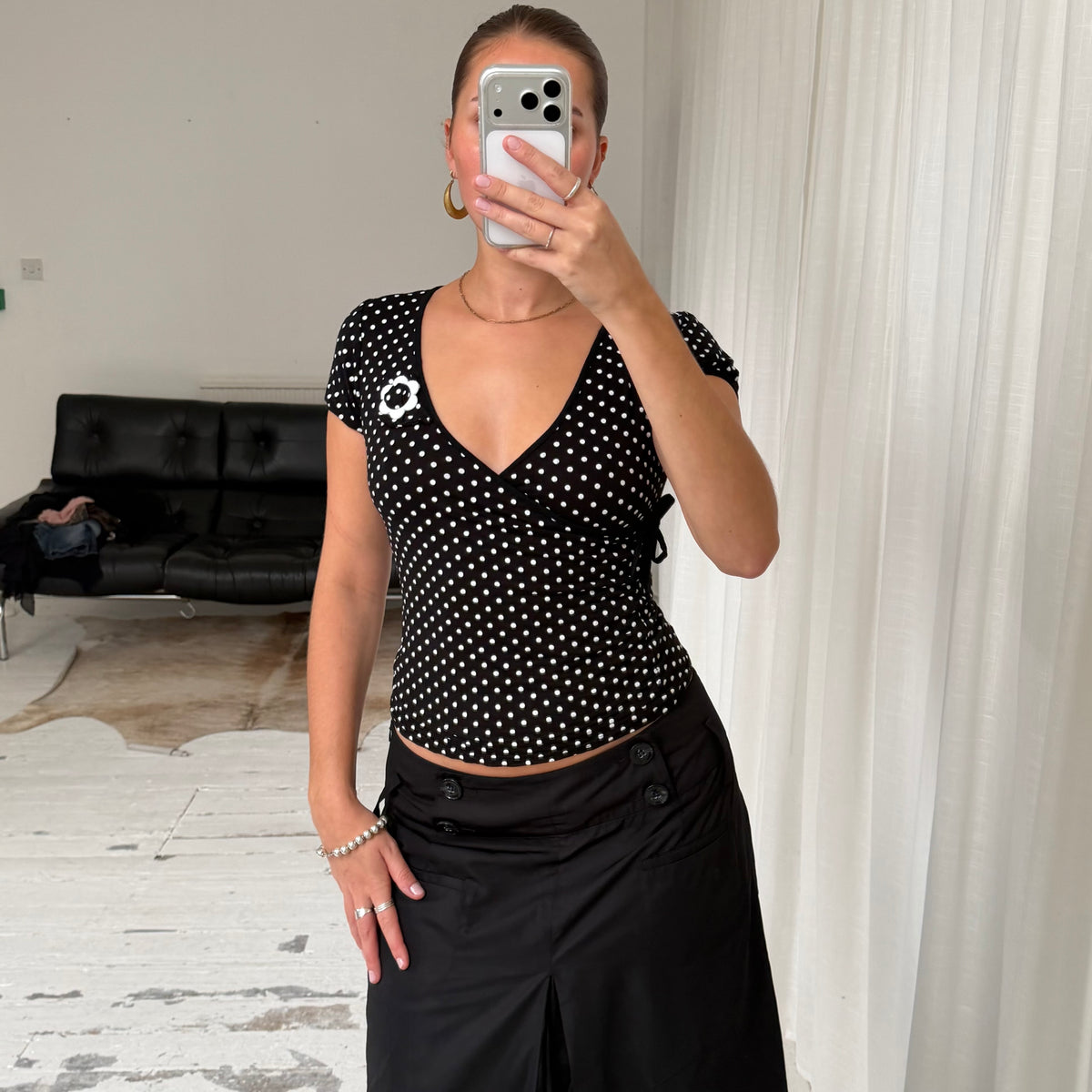 Black Polka Dot Wrap Top