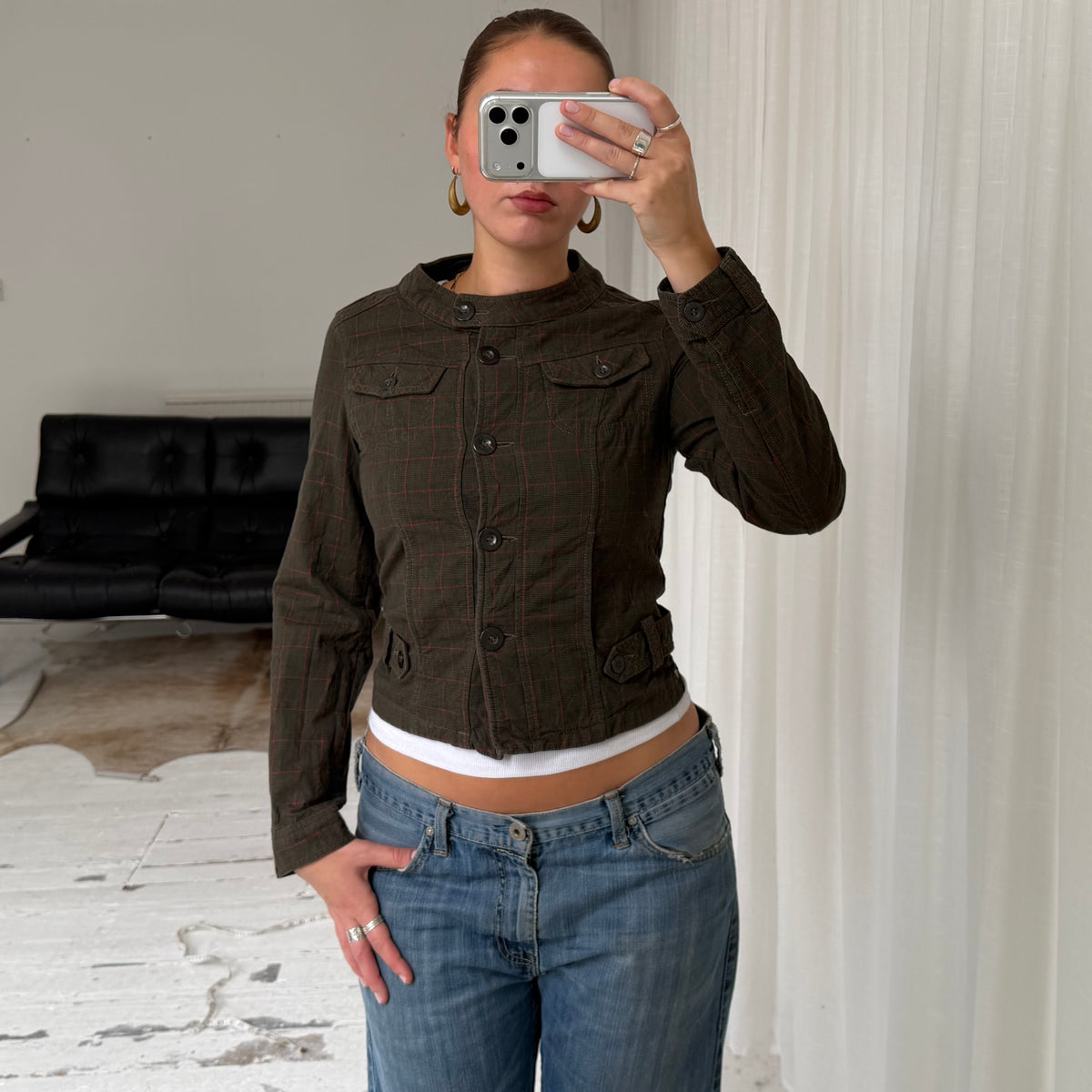 Khaki Red Check Fitted Jacket