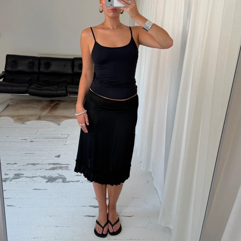 Italian Vintage Black Ruffle Midi Skirt