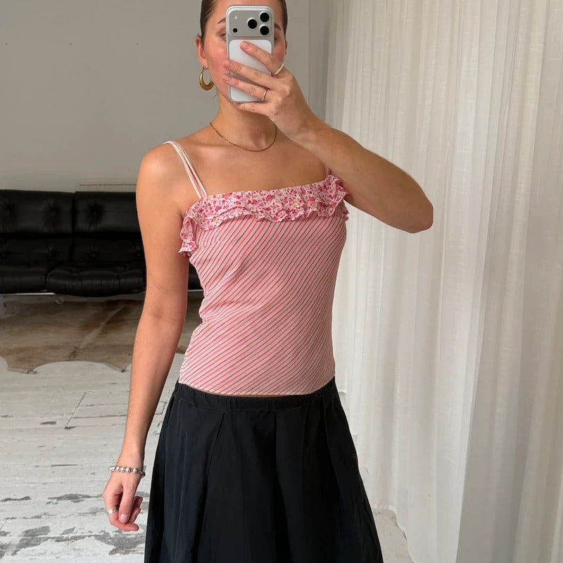 2000s Pink Stripe Layered Mesh Cami Top
