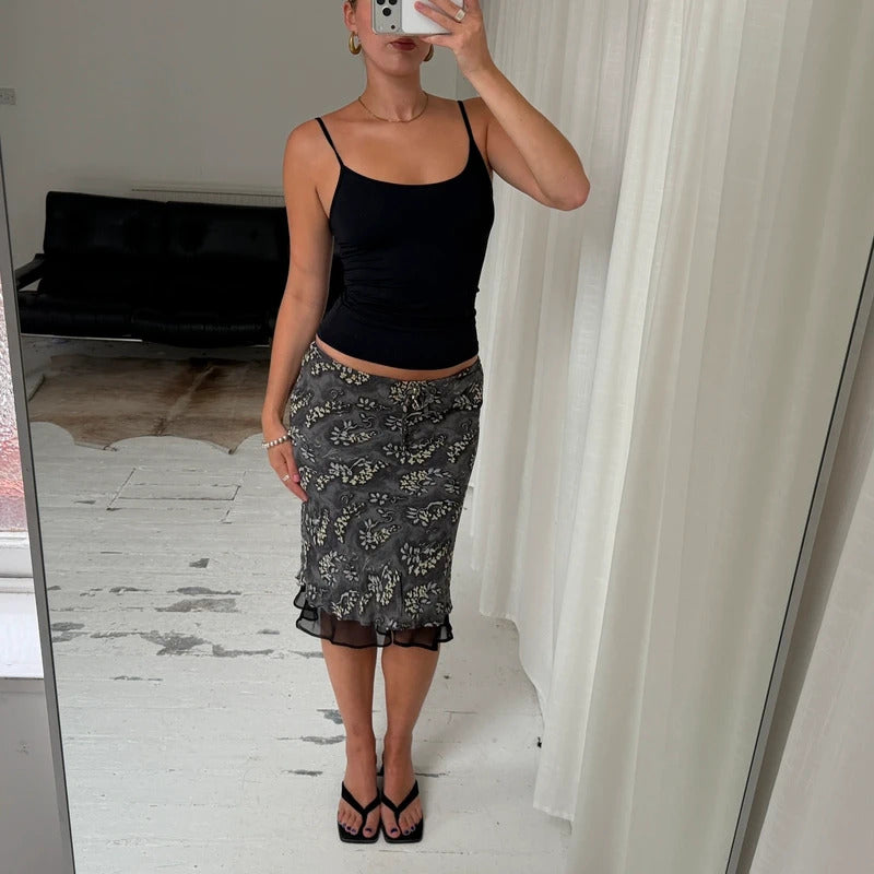 Grey Floral Mesh Midi Skirt