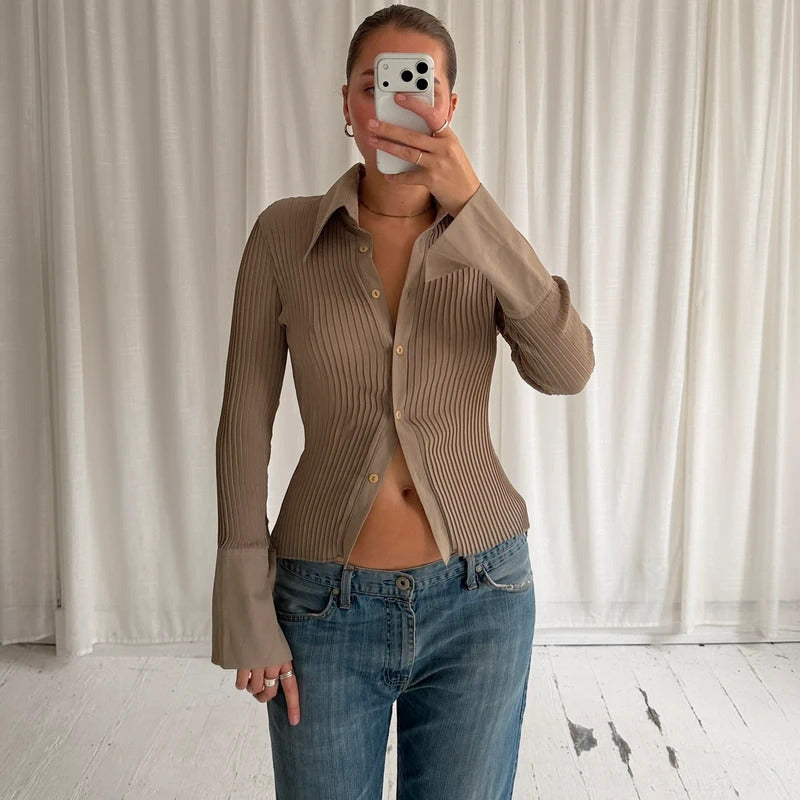 Italian Vintage Khaki Beige Pleated Shirt