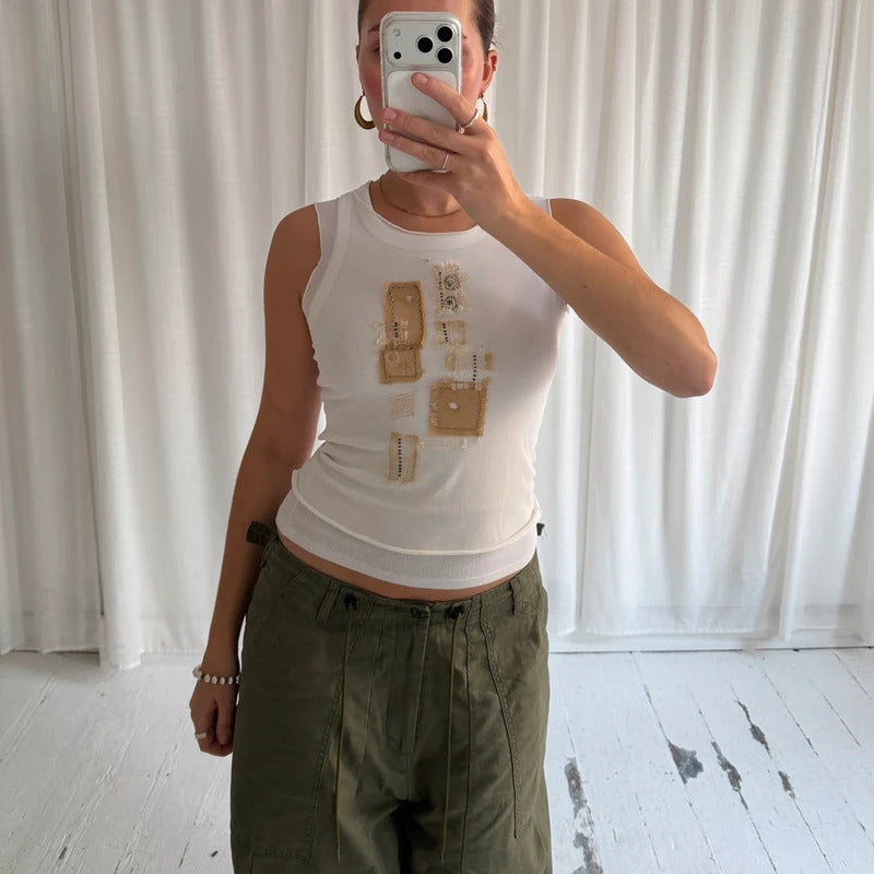 2000s Patchwork Mesh Top
