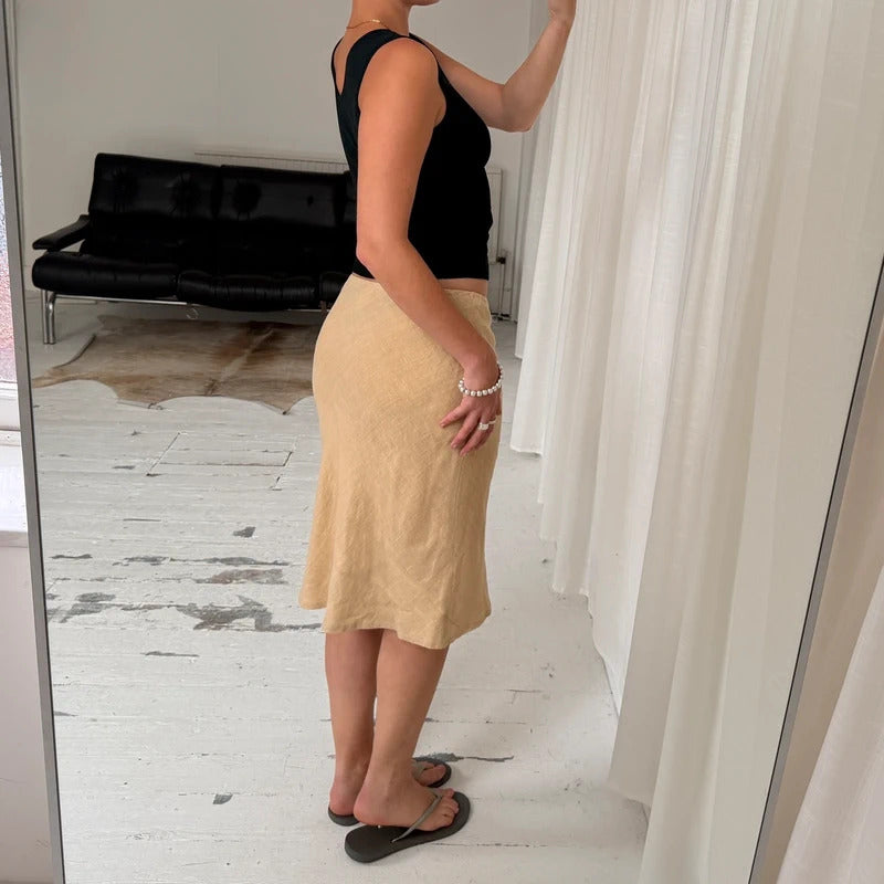1990s Minimal Natural Linen Midi Skirt