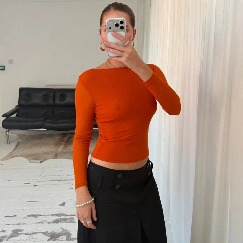 90s Orange Micro Mesh Long Sleeve Top