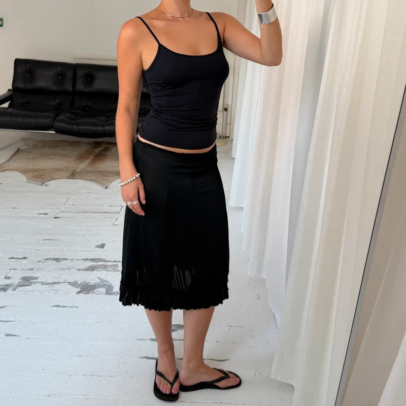 Italian Vintage Black Ruffle Midi Skirt