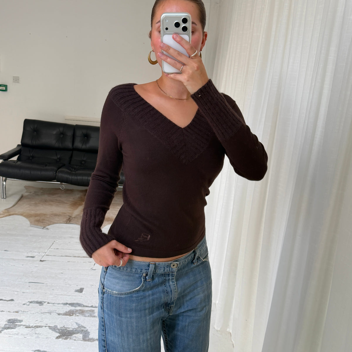 Brown Angora Blend V-Neck Jumper