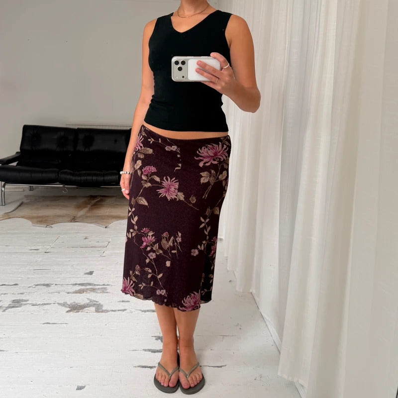 Purple Floral Mesh Midi Skirt