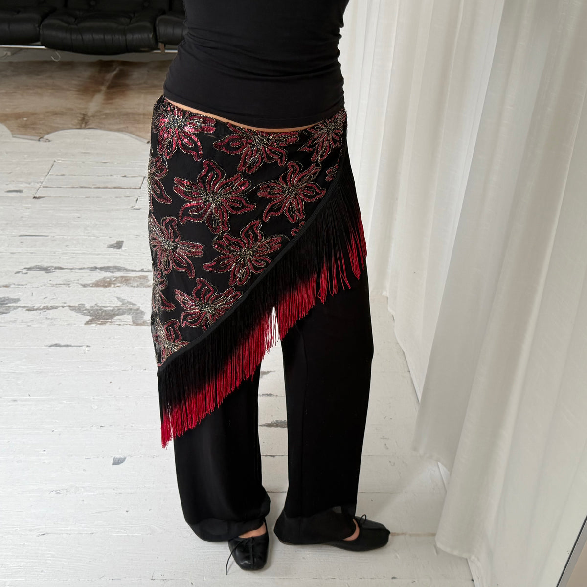 Sequin Mesh Asymmetric Tassel Sarong Skirt