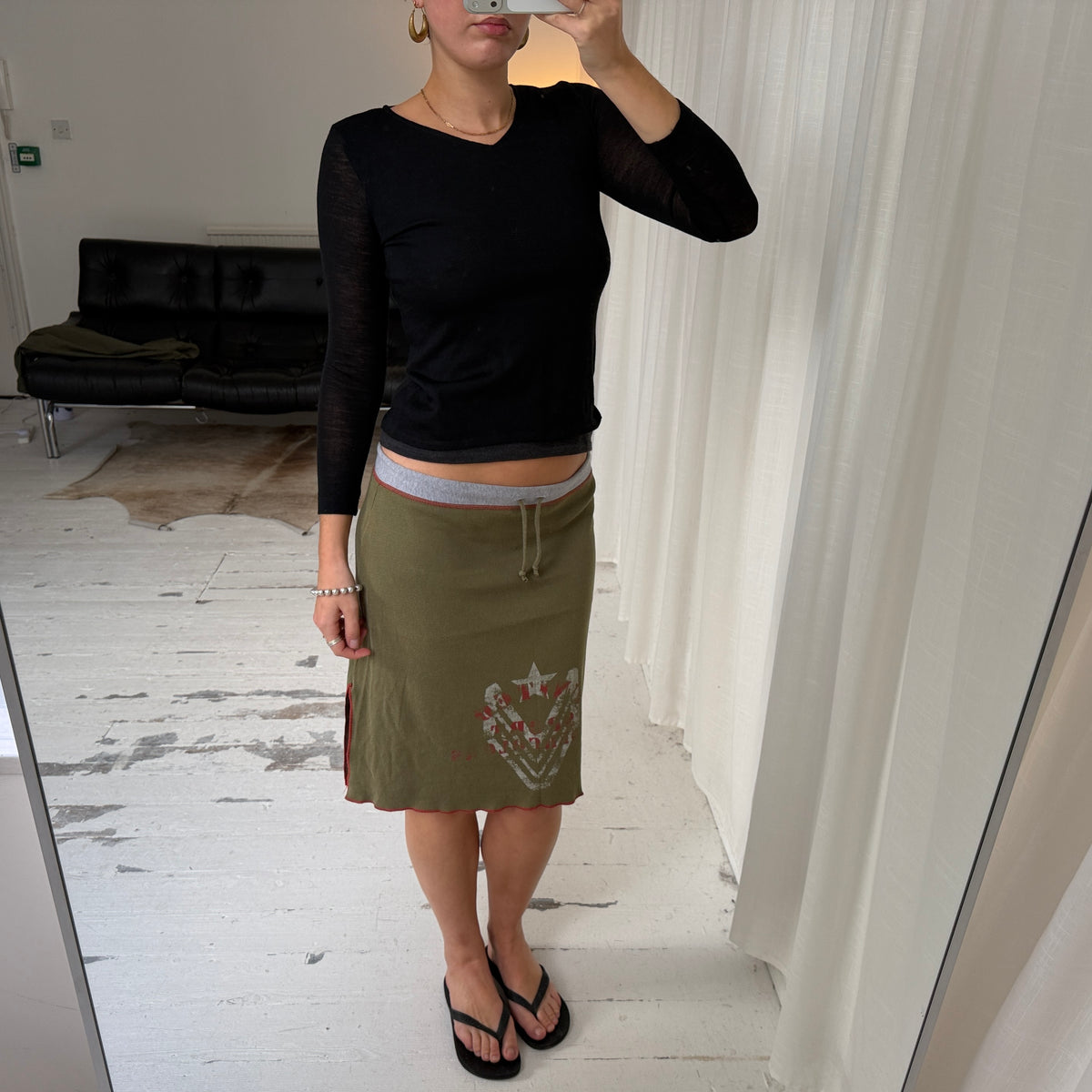 2000s Khaki Green Graphic Jersey Midi Skirt