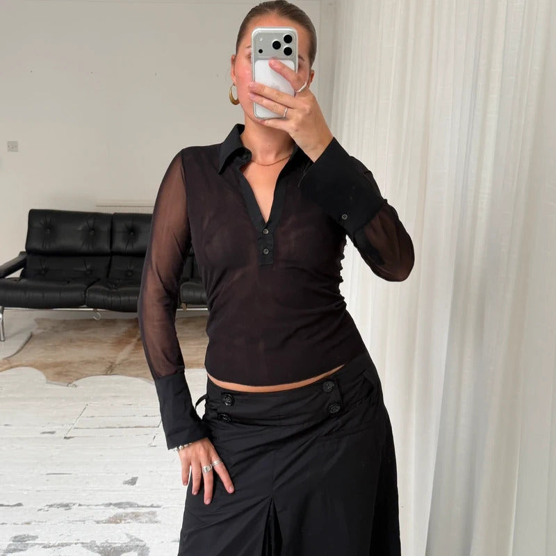 90s Black Sheer Mesh Shirt