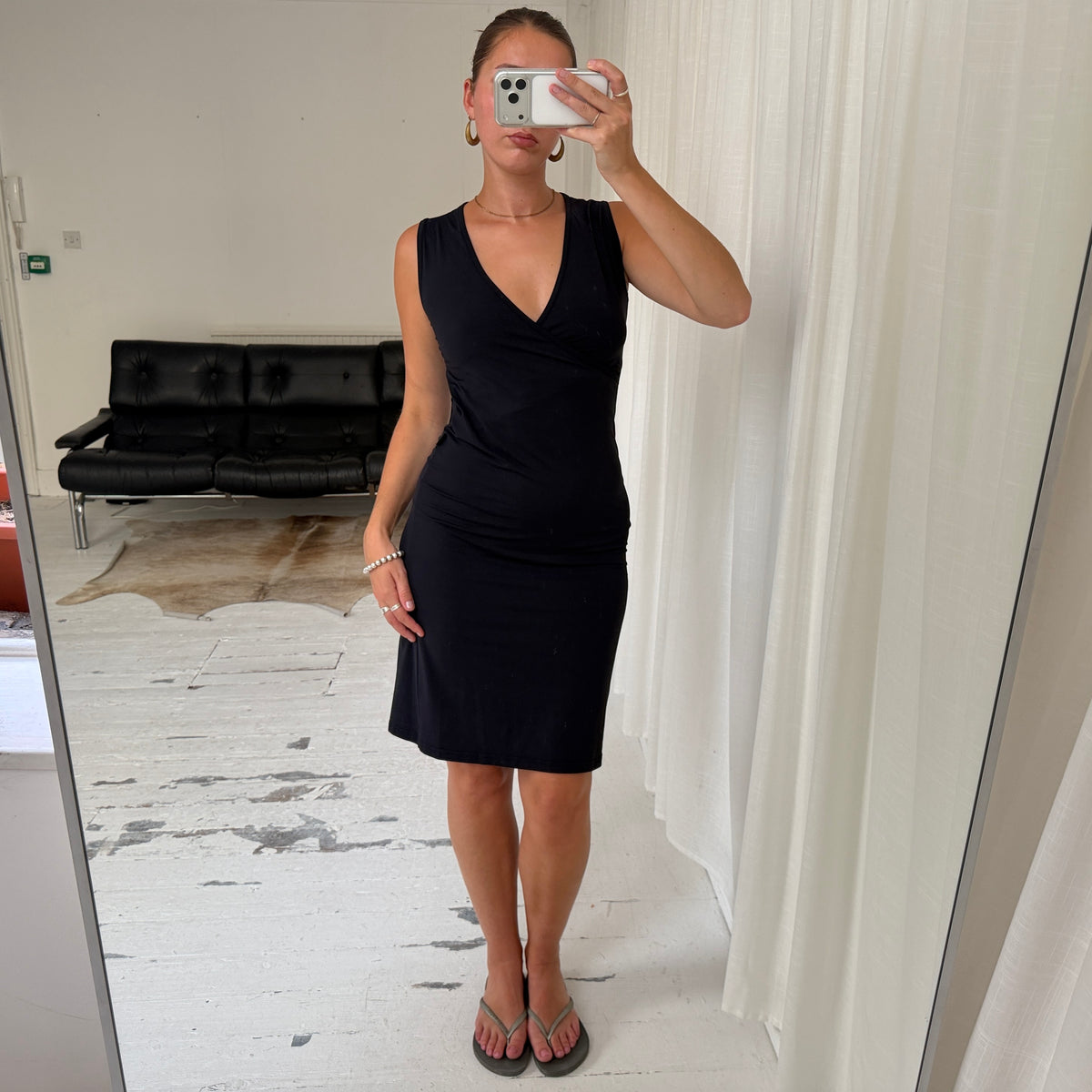 90s Calvin Klein Black Wrap Midi Dress