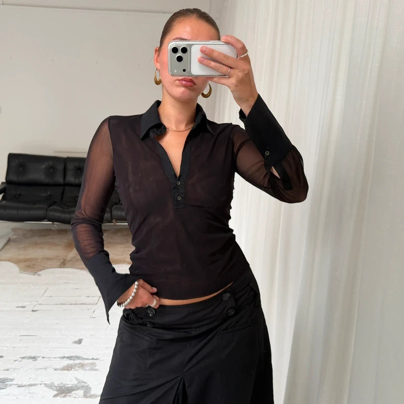 90s Black Sheer Mesh Shirt