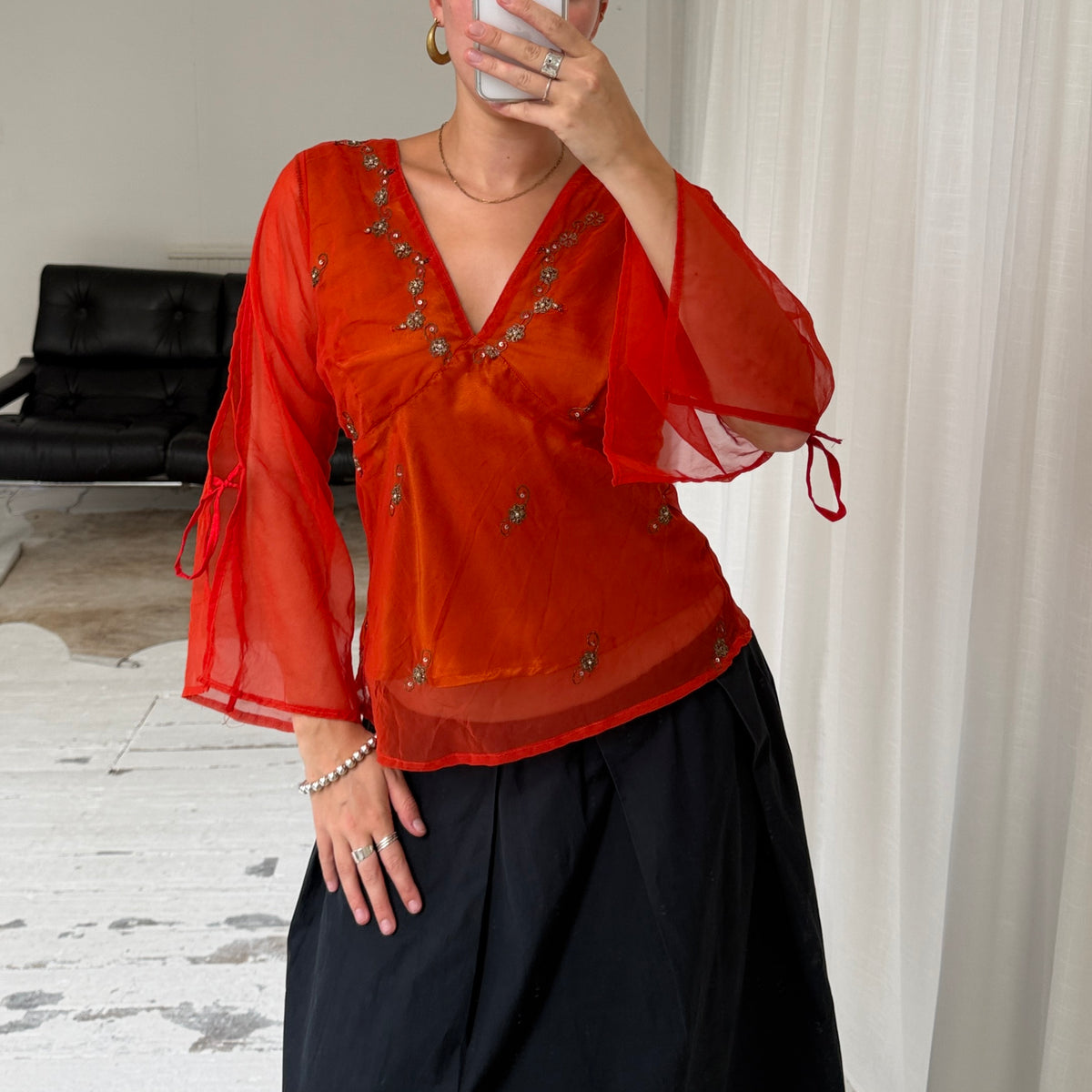 Orange Pure Silk Embellished Blouse