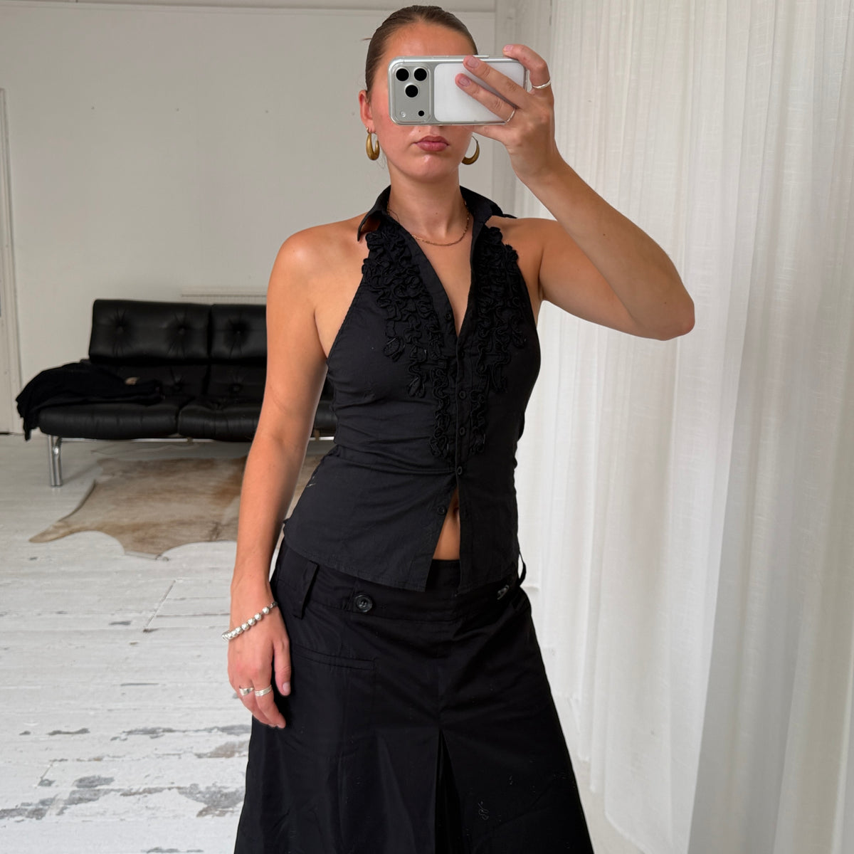 Black Ruffle Halterneck Top