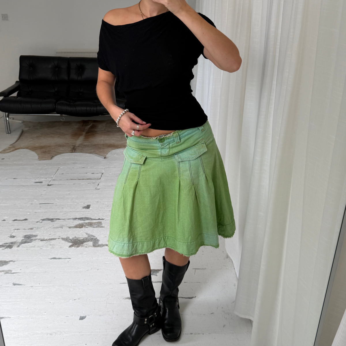 Miss Sixty Green Pleated Denim Midi Skirt
