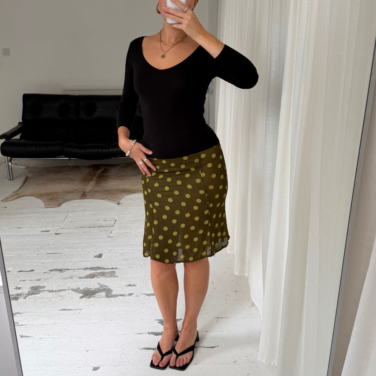 KOOKAÏ Green Polka Dot Mesh Midi Skirt