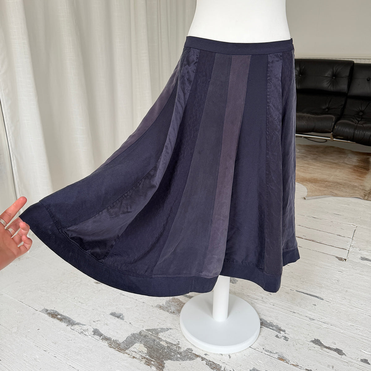 Navy Pure Silk Pleated Midi Skirt