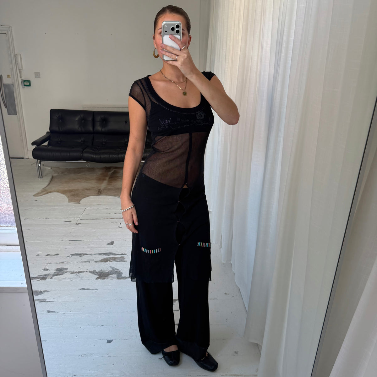 1990s Black Mesh Cut Out Midi Dress