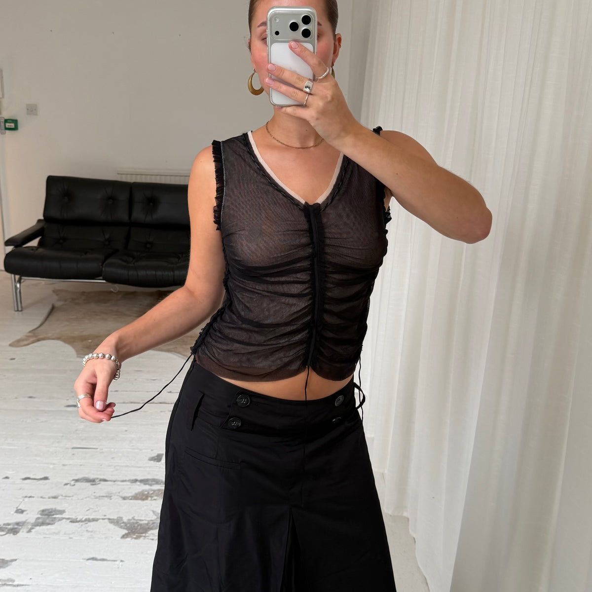 2000s Ruched Layered Mesh Top