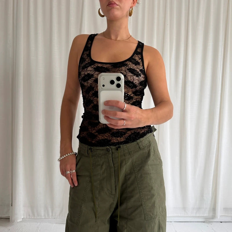 00s Sheer Sequin Lace Vest Top