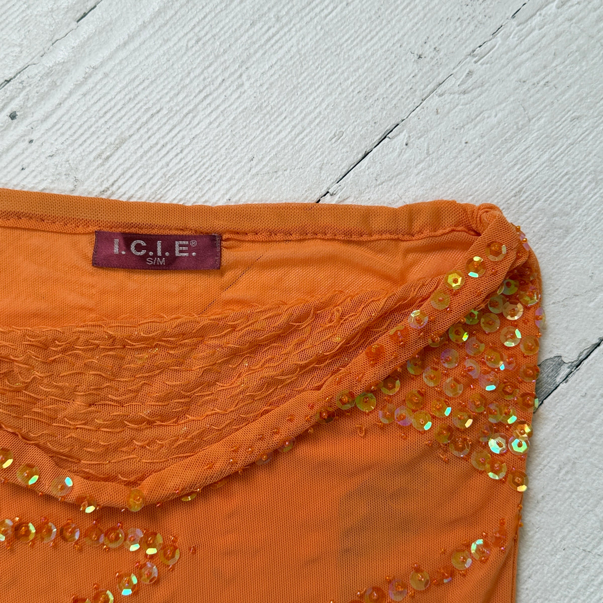 Orange Sequin Mesh Bandeau Top