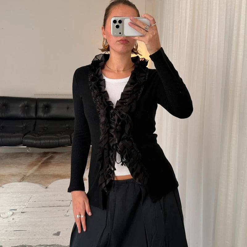 Black Wool Angora Lace Trim Tie Cardigan