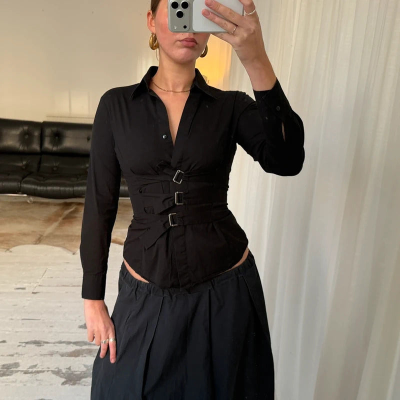 1990s Black Tailored Shirt with Buckle Detail