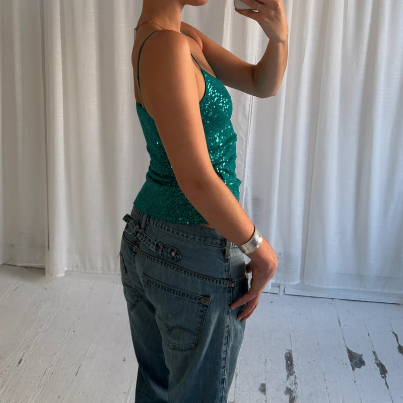 2000s Turquoise Sequin Cami Vest Top