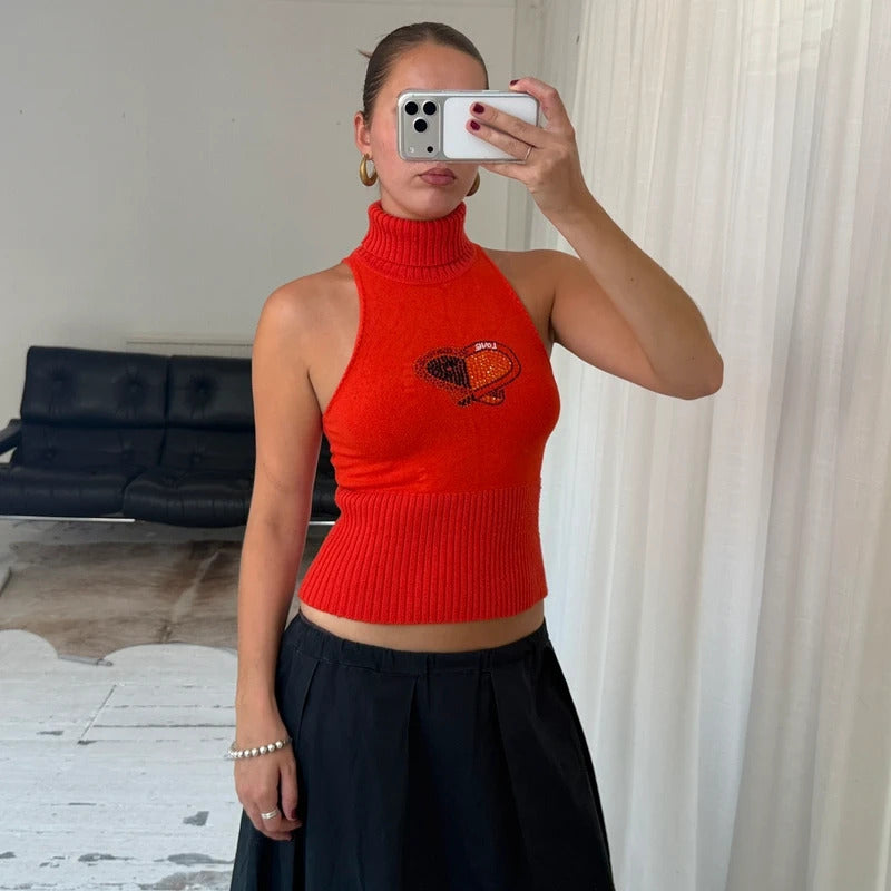 Orange Sleeveless Roll Neck Knit Top