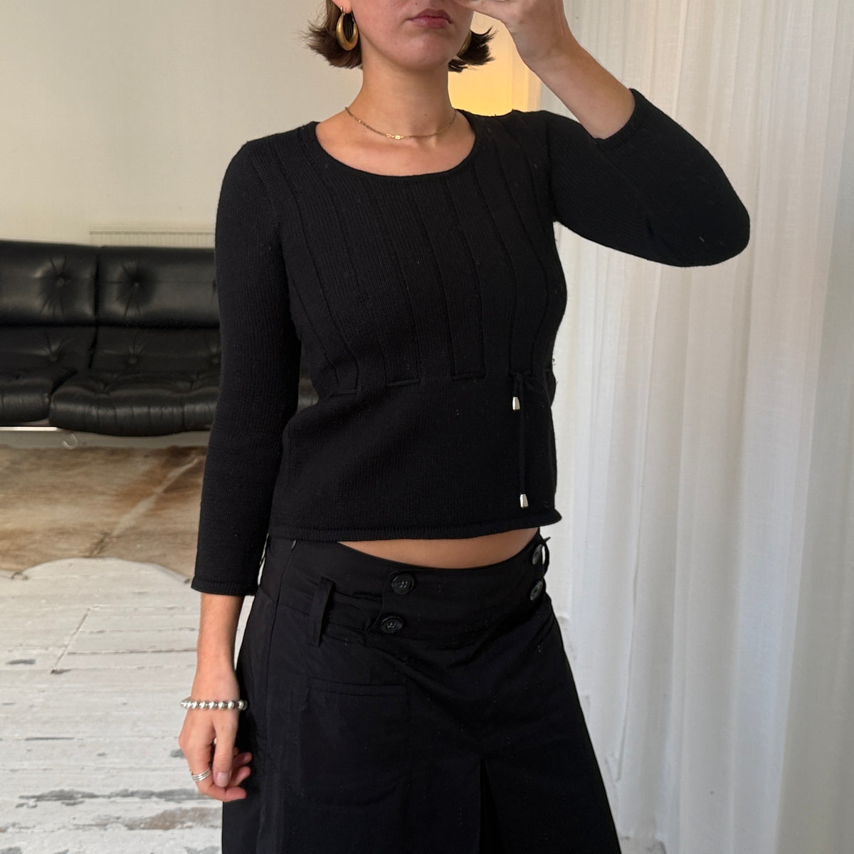 Italian Vintage Black Merino Wool Tie Detail Jumper