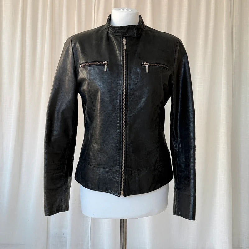 Italian Vintage Black Leather Biker Jacket