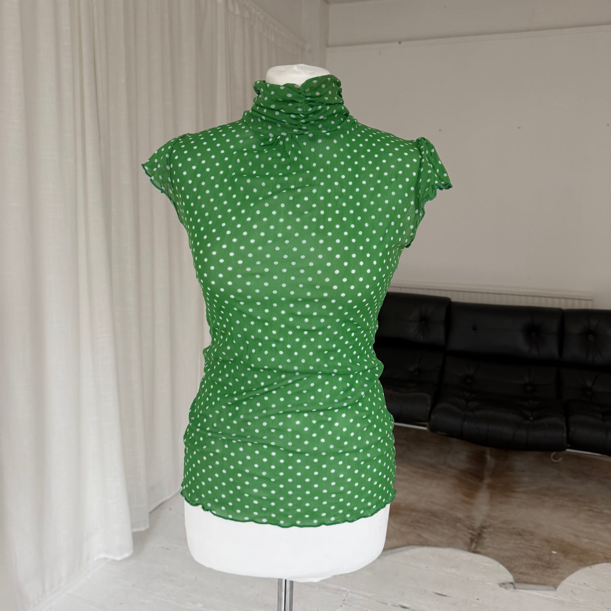 Green Polkadot High Neck Mesh Top
