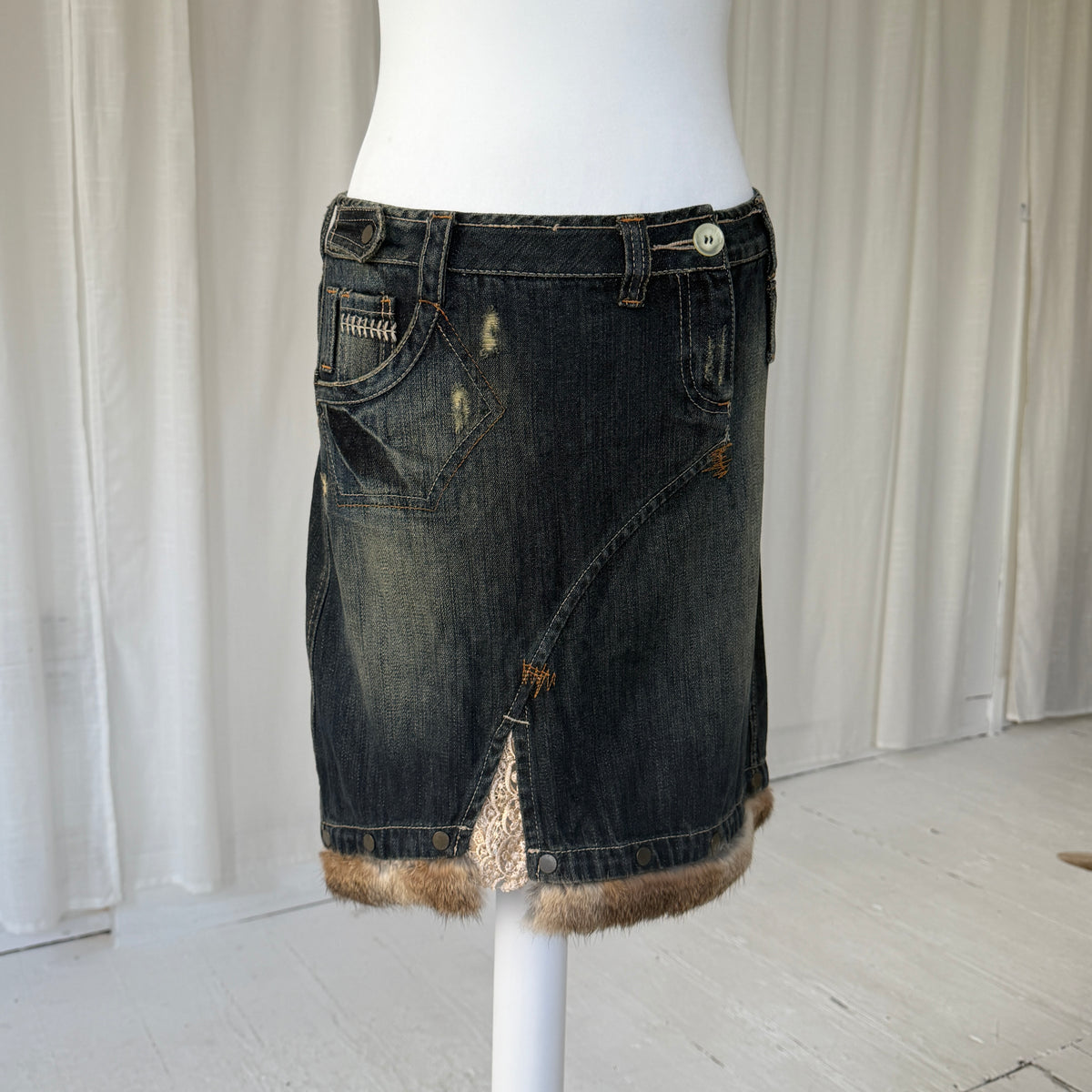 Italian Vintage Denim Fur Trim Midi Skirt