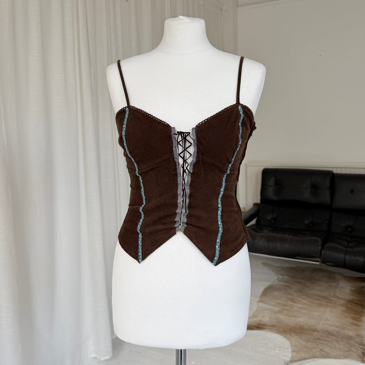 Brown Corduroy Lace-Up Corset Top