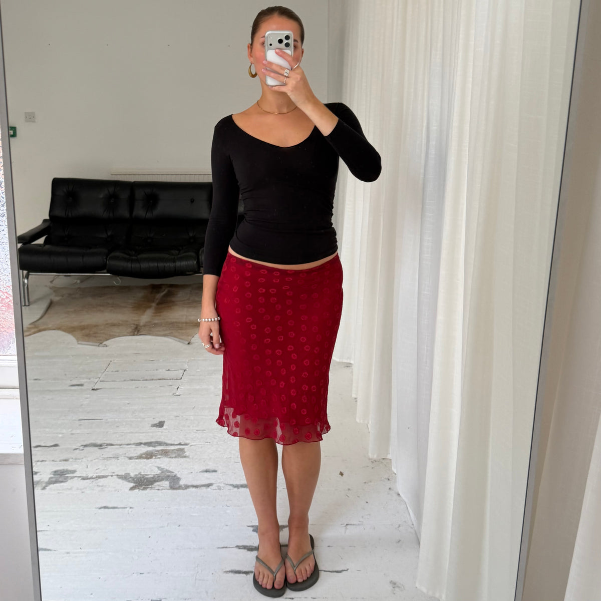 1990s Red Polka Dot Mesh Midi Skirt