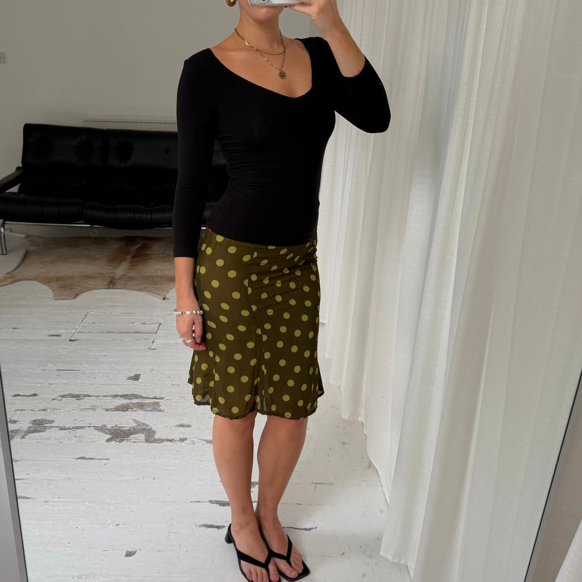 KOOKAÏ Green Polka Dot Mesh Midi Skirt
