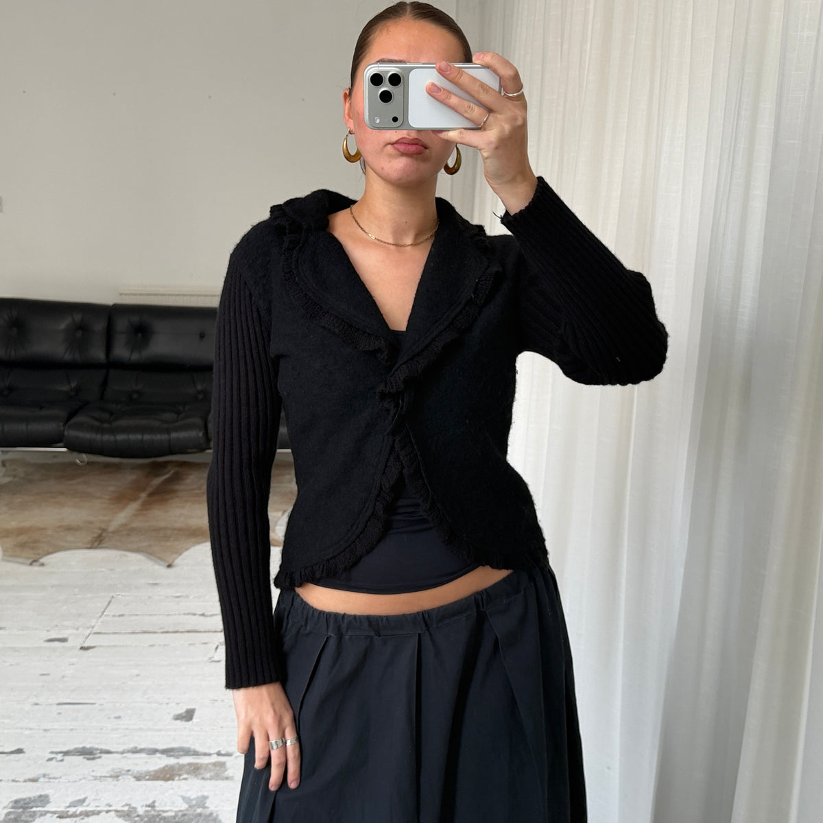 Vintage Black Ruffle Wool Knit Cardigan