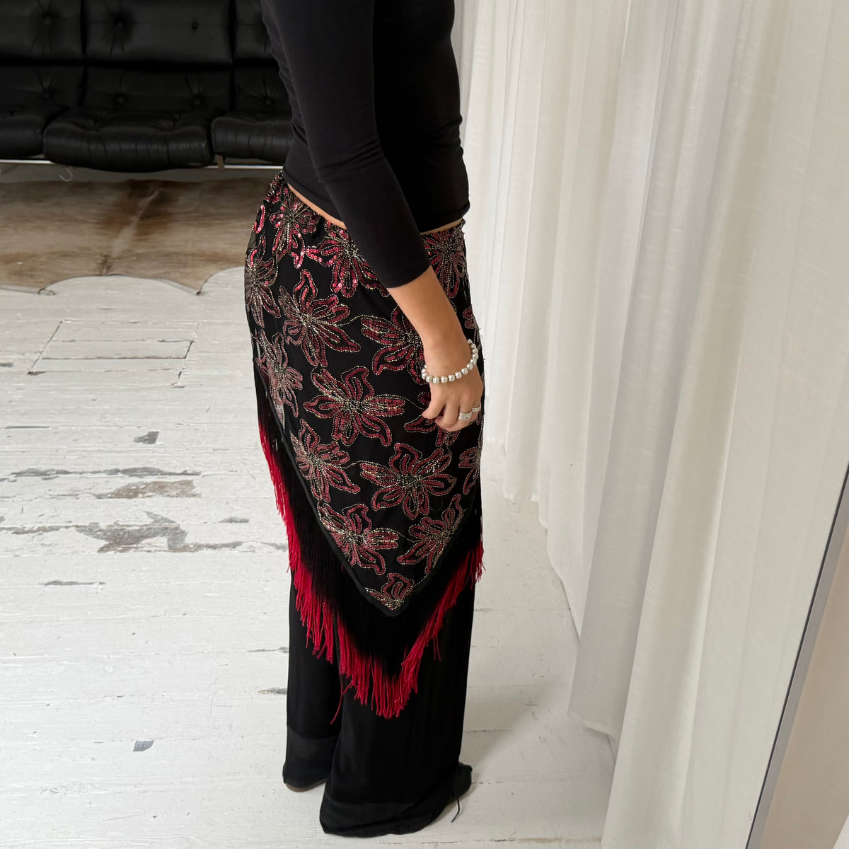 Sequin Mesh Asymmetric Tassel Sarong Skirt