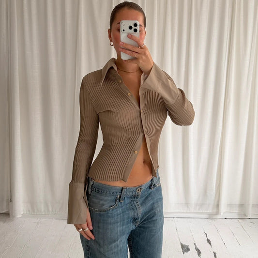 Italian Vintage Khaki Beige Pleated Shirt