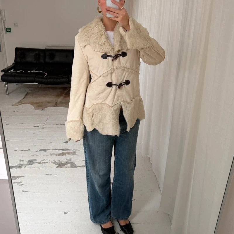 2000s Cream Faux Suede & Faux Fur Coat