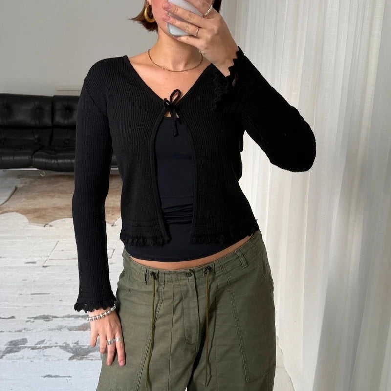 Black Ribbed Tie Cardigan