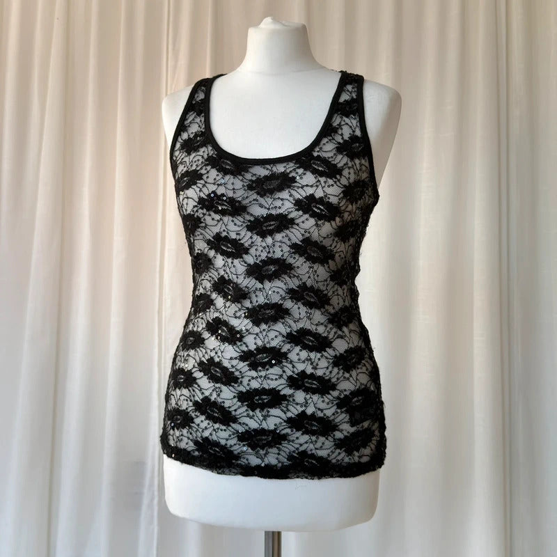 00s Sheer Sequin Lace Vest Top