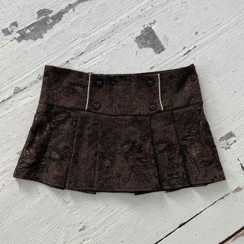 Brown Floral Jacquard Pleated Mini Skirt