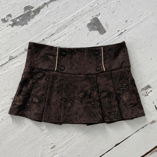 Brown Floral Jacquard Pleated Mini Skirt