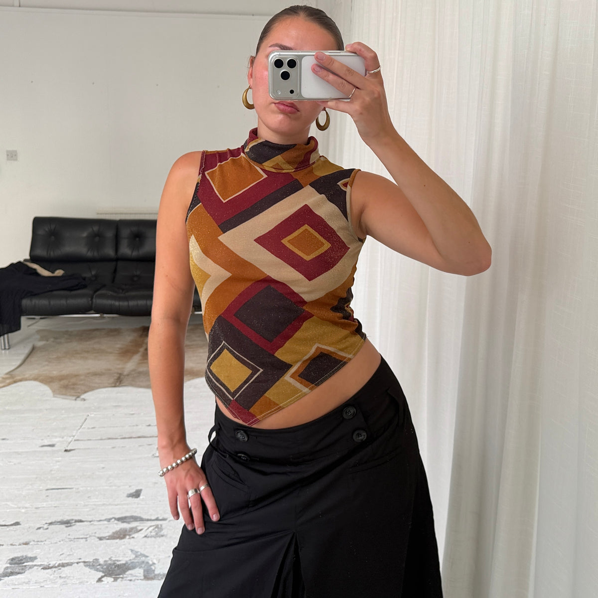 Italian Vintage Geometric Mesh High Neck Top